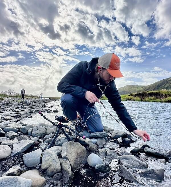 Nick recording sounds near Skógafoss in Iceland